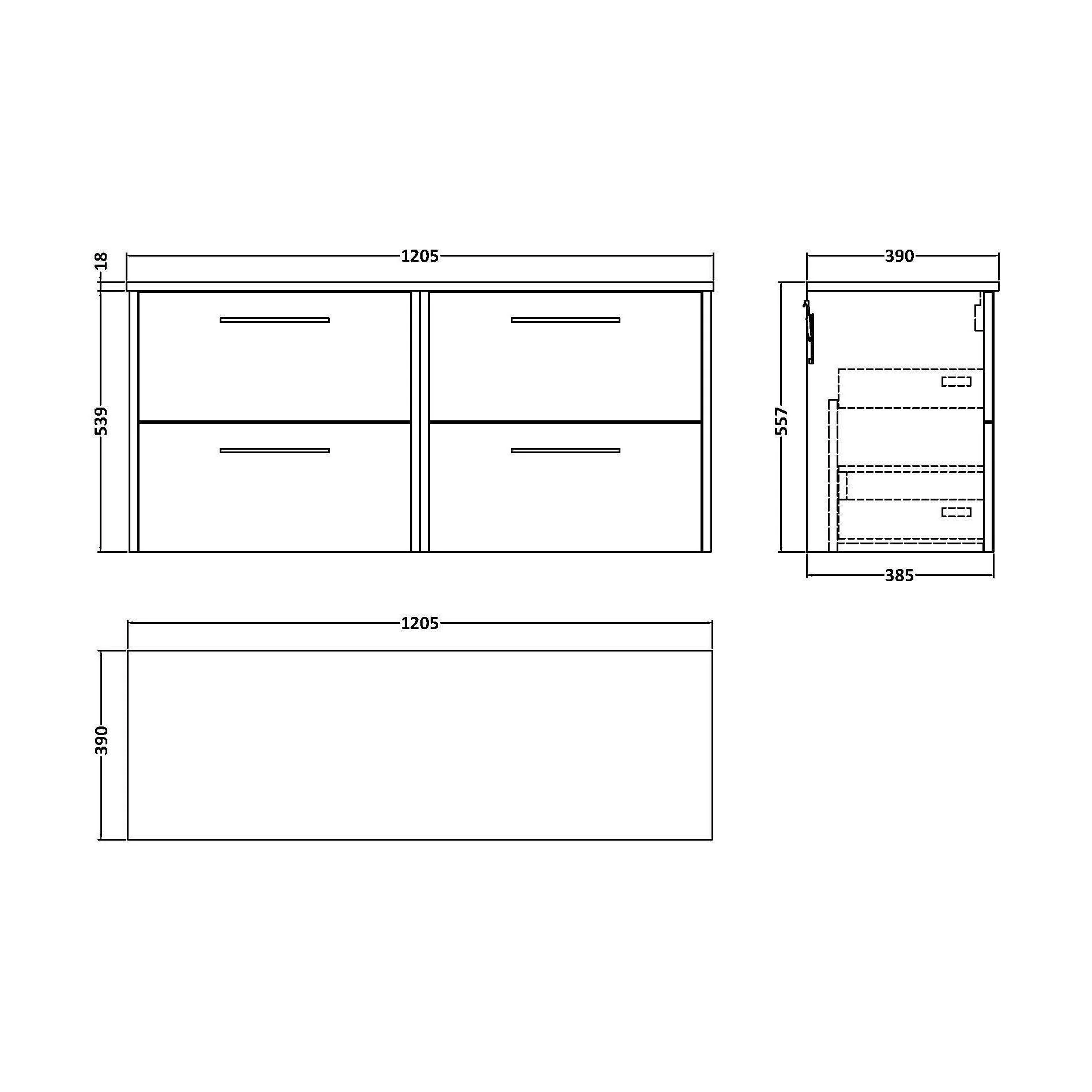 Winshill Contemporary 4 Drawer Wall Hung Vanity Unit with Worktop, 1200mm - Image 2